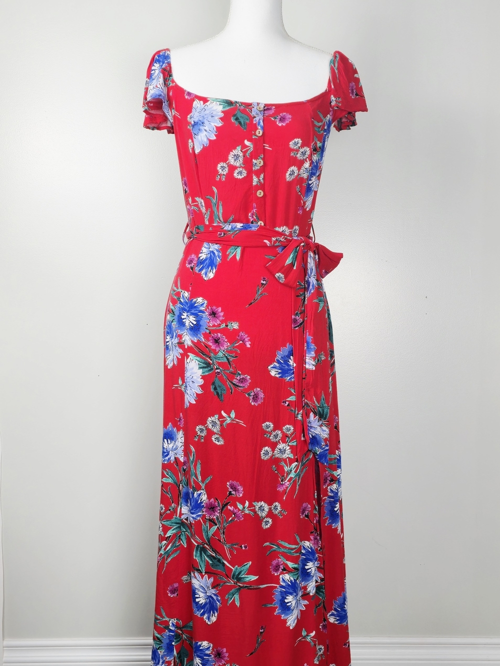 Band of Gypsies Off Shoulder Ruffle Sleeve Red Floral Maxi Dress & Blue Blooms